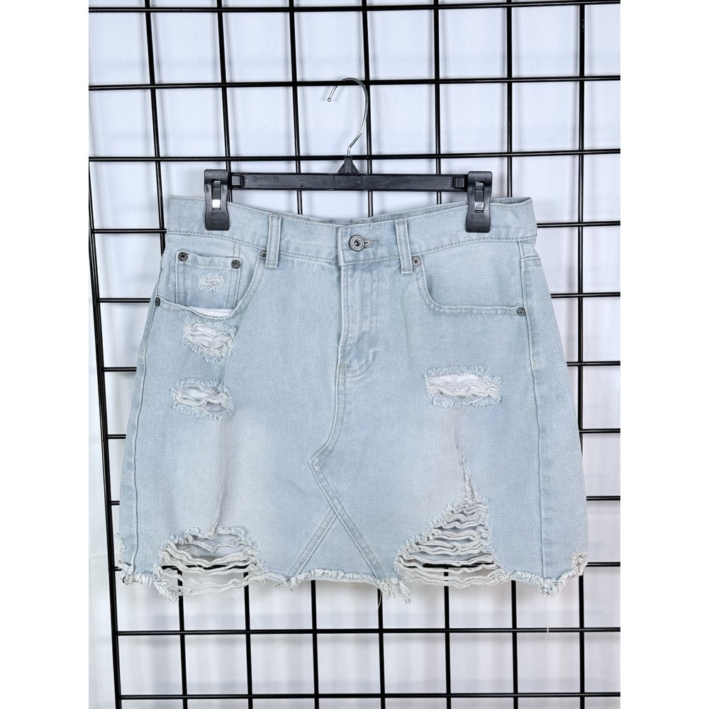 UMGEE Distressed High Waisted Denim Skirt Womens L Blue Light Wash Thrashed Punk